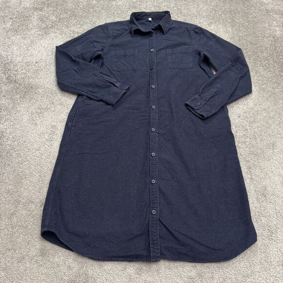 Muji Button Down Flannel Shirt Dress Womens Medium Navy Blue Long Sleeve Cotton - Picture 1 of 14